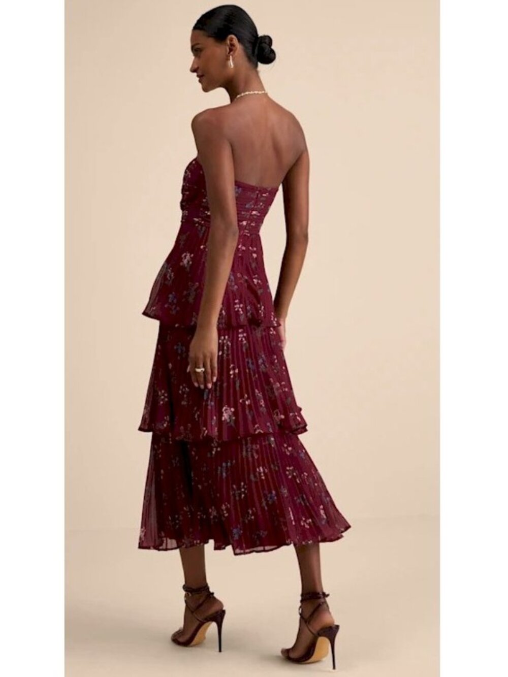 Lulus Hadelyn Burgundy Floral Pleated Tiered Midi Dress Size Small NWT - Picture 4 of 11